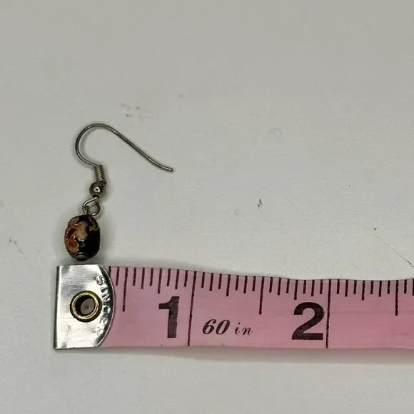 Vintage Cloisonné Enamel Bead Earrings Black Floral Drop Dangles Hand-Painted - Picture 9 of 11